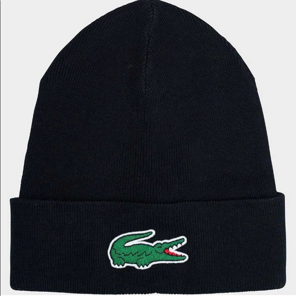NWT Lacoste Big Croc Men’s Wool Blend Knit Beanie Hat | RB1081 031 | Black/Green